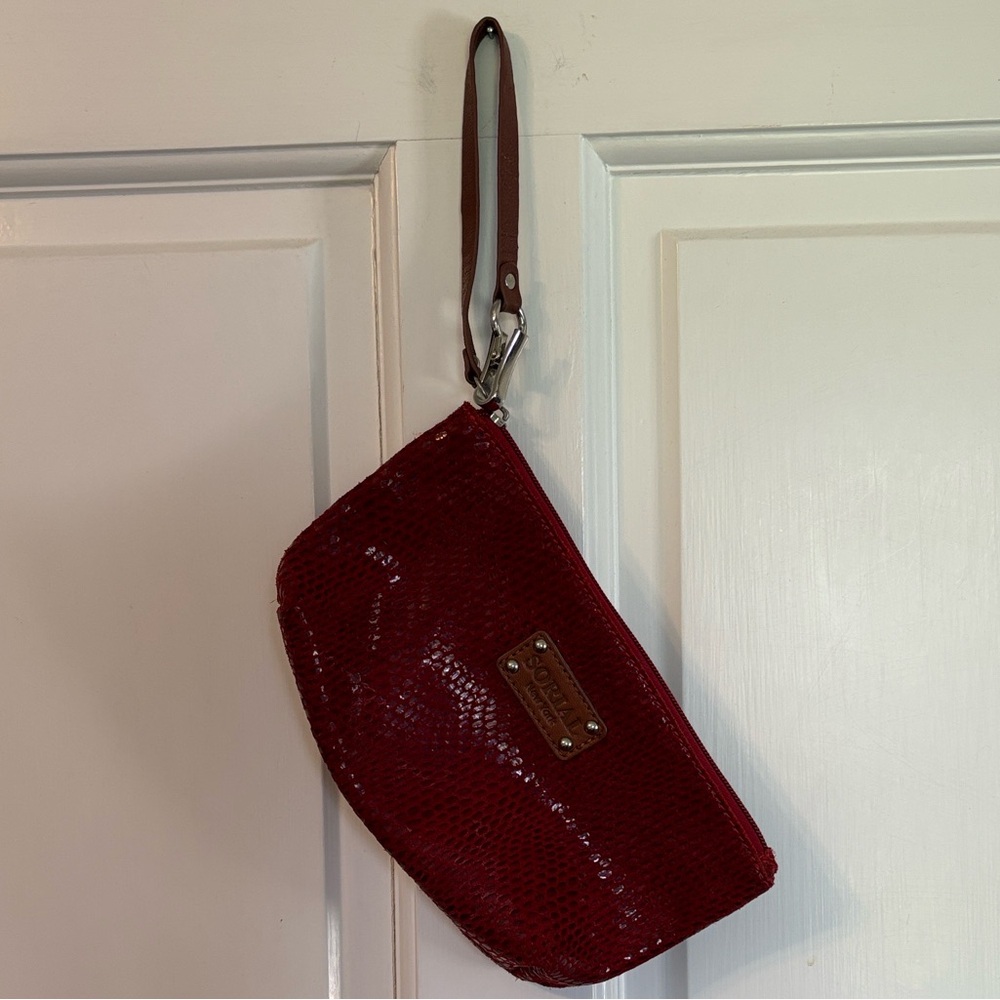 Sorial Red Textured Wristlet Pouch with Brown Strap - Picture 2 of 12